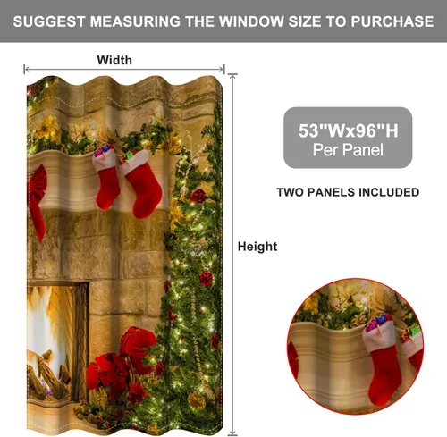 Vista 27 de Cortinas con adornos de Navidad impresos, cortinas para ventana de chimenea, calcetines de Navidad, árboles de Navidad, regalos, paneles opacos