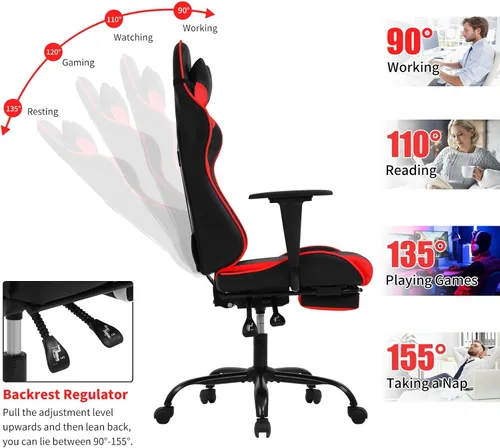 Vista 4 de BLKMTY Silla para videojuegos, silla reclinable para computadora con reposapiés y soporte lumbar, sillas de juego de altura ajustable con asiento