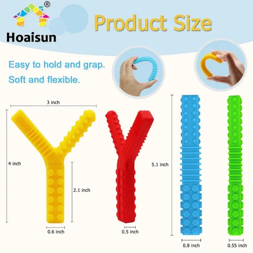 Vista 5 de Juguetes sensoriales para niños autistas, paquete de 4 tubos masticables para niños sensoriales que mastican, mordedores de silicona para el motor