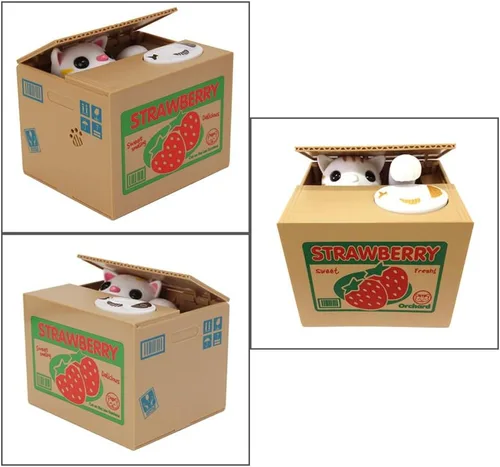 Vista 4 de Hucha de juguete HmiL-U, automática, con diseño de gato que roba monedas, regalos de cumpleaños y Navidad para niños (Fresa-Gato)