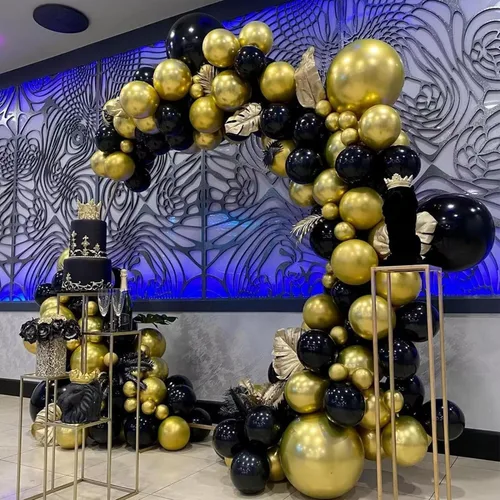 Vista 7 de 75 globos negros y dorados, globos de confeti negro y dorado de 12 pulgadas, globos de látex dorados para cumpleaños, Año Nuevo, boda, fiesta
