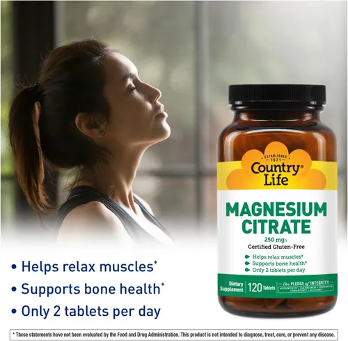 Vista 2 de Country Life Citrato de magnesio 250 mg - 120 tabletas - Apoya la función muscular y nerviosa, ritmo cardíaco, sistema inmunológico saludable