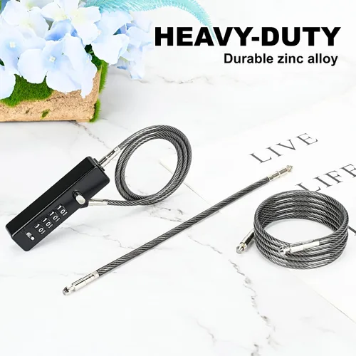 Vista 6 de Cerradura de combinación de cables intercambiables 3, 904EC-Negro 4-Digit Resettable Code Security for Travel, Outdoor Fence Gate, Ski, Scooter