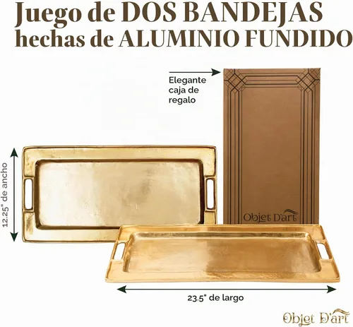 Vista 6 de Bandejas decorativas doradas de Objet D’Art, bandeja rectangular de bar Beaufort para sala de estar, otomana y mesa de café, juego de 2 bandejas
