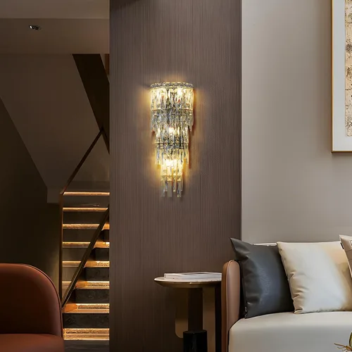 Vista 7 de Apliques de pared, modernos apliques de pared de cristal para interiores, lámpara de pared cromada de lujo, lámpara de pared K9 con gotas de cristal