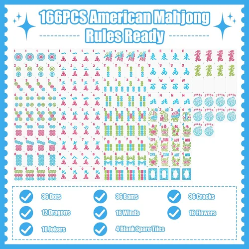 Vista 6 de deAO American Mahjong Tile Set 166 Pcs 1.2" with Bag & Dice for Family Game Blue