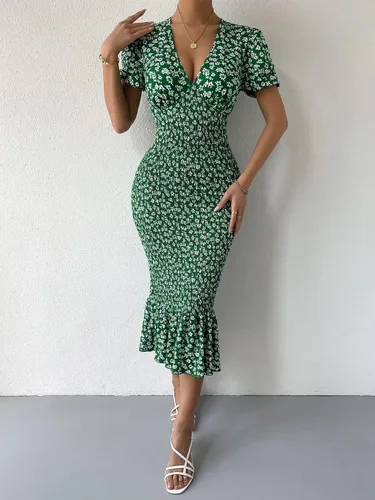 Vista 5 de Floerns Vestido midi ajustado de manga corta con cuello en V y estampado floral para mujer
