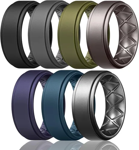 Vista 11 de Egnaro - Anillos de boda de silicona con borde escalonado para hombres con diseño de arco en el interior, 7, 4 y 1 anillo, cómodos para entrenar