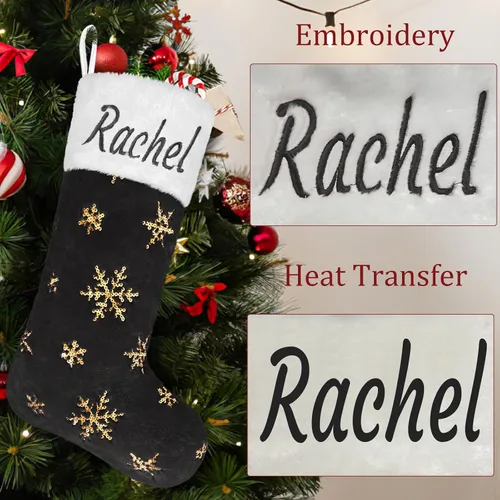 Vista 3 de Calcetines negros de piel sintética de Navidad, 1 paquete grande de 22 pulgadas, medias colgantes de felpa negra con nombre personalizado con copos