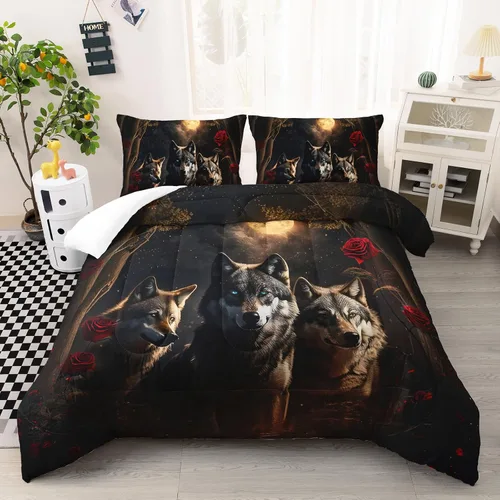 Vista 26 de AILONEN Juego de edredón con cabeza de lobo impresa tamaño individual, juego de ropa de cama de lobo para la noche para niños y hombres, juego