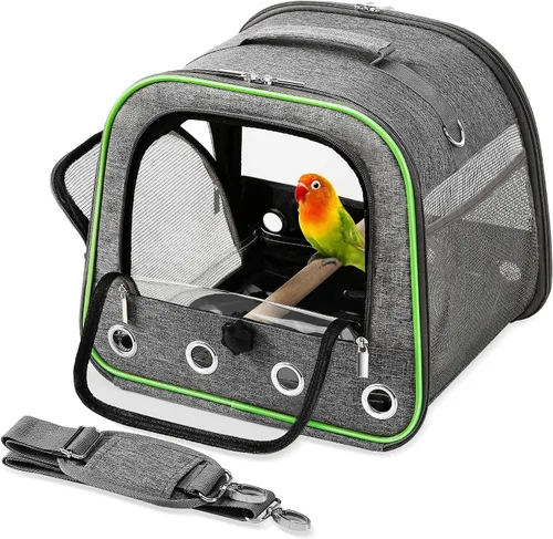 Vista 8 de Portador de pájaros pequeño, jaula de viaje con ventana grande con soporte y bandeja fácil de limpiar para cacatúas loro, periquito, ligero y Negro