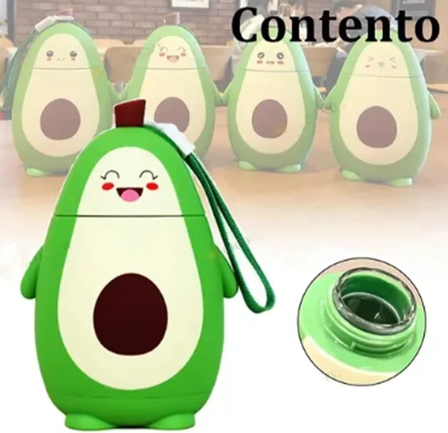 Vista 5 de RiToEasysports Botella de agua de aguacate, vidrio de aguacate de dibujos animados, doble capa, linda taza de agua portátil para niña, regalos