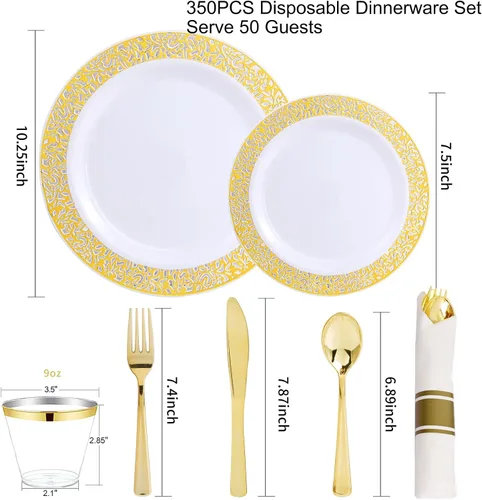 Vista 2 de WELLIFE Juego de vajilla para 50 invitados, platos de plástico dorados, platos para Fiestas elegantes Desechables incluyen: 50 platos llanos, 50