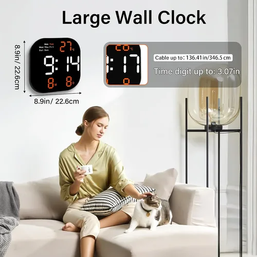 Vista 6 de Reloj de pared digital con pantalla LED grande, brillo automático, temperatura, fecha y día de la semana, control remoto, moderno reloj de pared