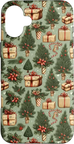 Vista 23 de Vintage Christmas Theme Holiday Trees, Presents, Teal, Bows Case for iPhone 17