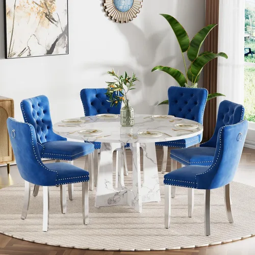 Vista 53 de Mesa de comedor redonda estilo granja para 6, mesa de cocina circular de 47" MDF con acabado de grano de madera, mesa de cocina y comedor de madera
