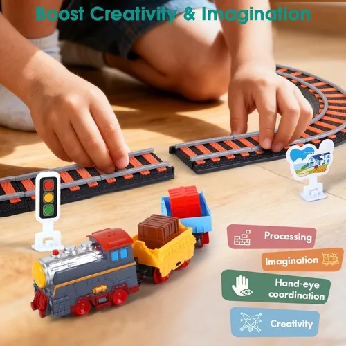 Vista 5 de Juego de Pistas de Tren Eléctrico DIY 2 en 1 para Niños de 4-8 Años, Juego de Pistas de Tren y Autos, Puente con Luces y Tren con Sonido, Accesorios