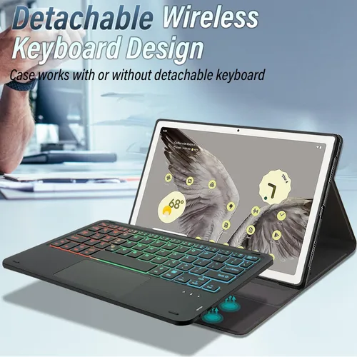 Vista 2 de Funda de teclado retroiluminada con panel táctil para tableta Google Pixel de 11 pulgadas 2023, teclado inalámbrico desmontable de 3 zonas con funda