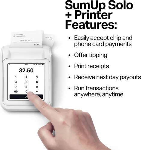 Vista 2 de SumUp Paquete de impresora Solo + - Lector de tarjetas de crédito de pago. Interfaz de pantalla táctil completa con tarjeta SIM gratuita y datos