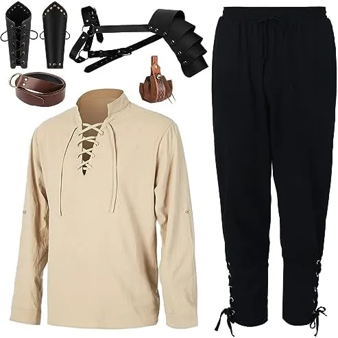 Vista 2 de Camisa medieval para hombre, banda al tobillo, pantalones, bolsa de cuero, brazalete vikingo, retro, renacentista, disfraz de Halloween