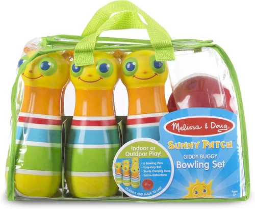 Vista 4 de Melissa & Doug Sunny Patch Giddy Buggy Juego de Bolos de Acción - 6 Pinos de Insectos, 1 Pelota de Plástico