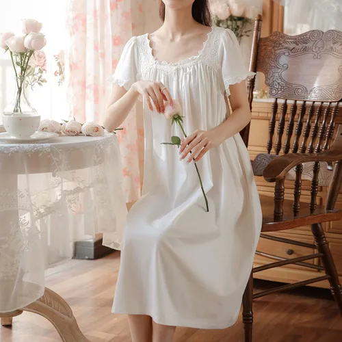 Vista 5 de Camisón victoriano de algodón para mujer, suave, largo, para dormir, manga corta, pijama de princesa, ropa de dormir