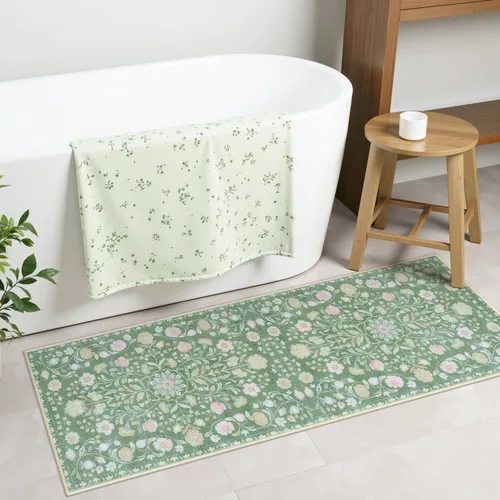 Vista 13 de Uphome Alfombra de baño bohemia con diseño floral beige, ultra suave, antideslizante, vintage, lavable a máquina, alfombra de baño floral para baño