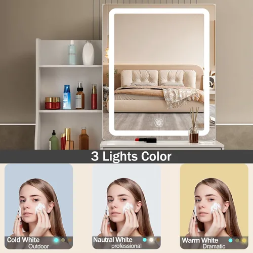 Vista 4 de Escritorio blanco cálido con espejo iluminado LED, mesa de tocador de maquillaje con armario izquierdo iluminado, 6 cajones y taburete, tocador