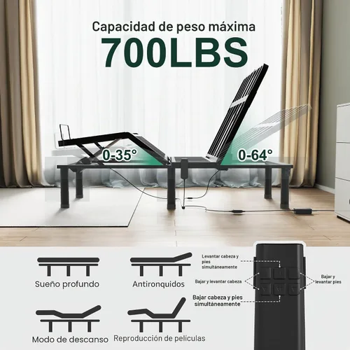 Vista 4 de SunsGrove Marco de cama ajustable individual XL, control remoto con cable, inclinación independiente de cabeza y pie, base de marco de cama