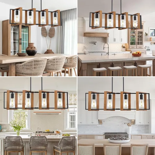 Vista 8 de Iluminación de isla de cocina de 35.4", lámpara de araña de 4 luces para comedor estilo granja, iluminación colgante moderna en negro, luces