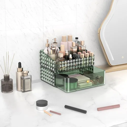 Vista 6 de Organizador de Maquillaje para Tocador, Organizador de Cosméticos Apilable y Almacenamiento, Estuches de Exhibición de Cosméticos con 1 Cajón y 1