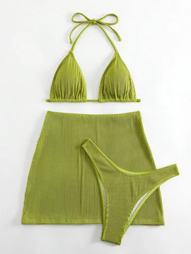 Vista 5 de COZYEASE Conjunto de bikini de 3 piezas para mujer, traje de baño triangular a rayas con falda de playa
