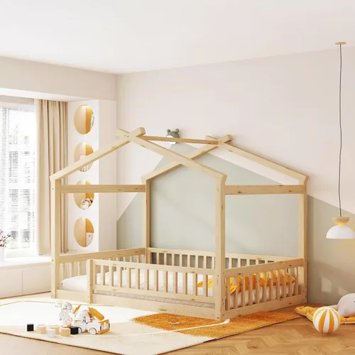 Vista 13 de MERITLINE Cama individual Montessori para niños, marco de cama individual Montessori con rieles y techo, no necesita somier, para niños, Gris