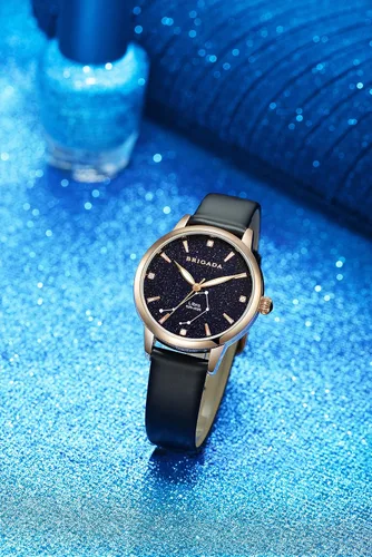 Vista 2 de BRIGADA Relojes de constelación de cristal luminoso para mujer con correa de cuero negro impermeable para mujer