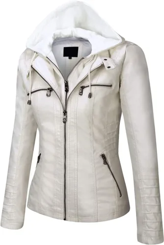 Vista 2 de Springrain Chaqueta de piel sintética para mujer, con capucha desmontable