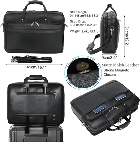 Vista 3 de Masa Kawa Maletín de cuero para hombre de 17/15.6" con bandolera para laptop, bolsa de hombro con mensajero para negocios, viaje, trabajo, estuche