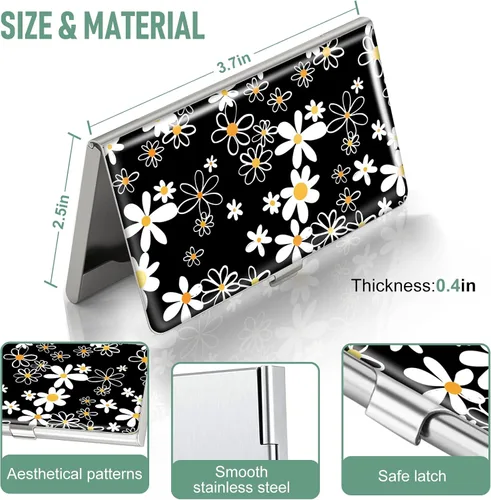 Vista 3 de Swooflia Funda para tarjetas de visita para mujer, de metal, margarita negra, delgada, con bolsillo, funda cuadrada, regalos lindos para agentes