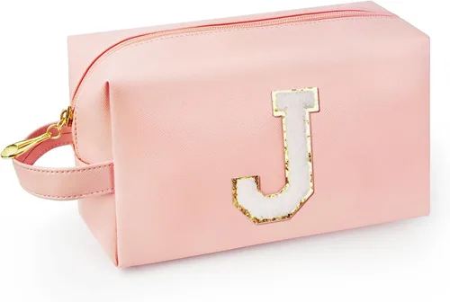 Vista 75 de Bolsa de maquillaje personalizada con inicial con asa, bolsa de cosméticos de preparación con bolsillo interior con cremallera, 8, 9, 10, 11, 12 Rosa
