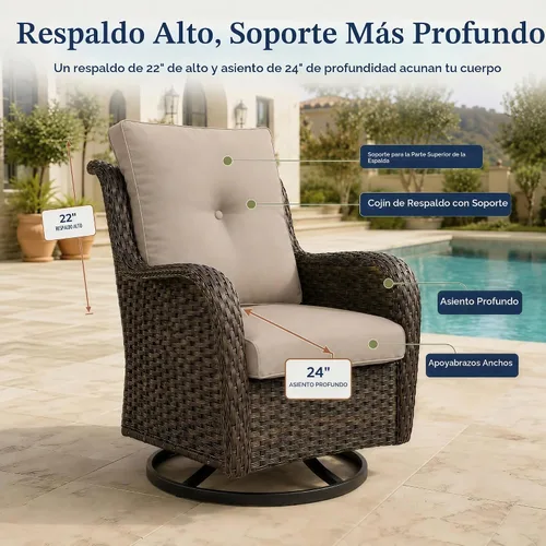 Vista 4 de HUMMUH Juego de 2 sillas giratorias de mimbre para patio, juego de muebles Café/Beige