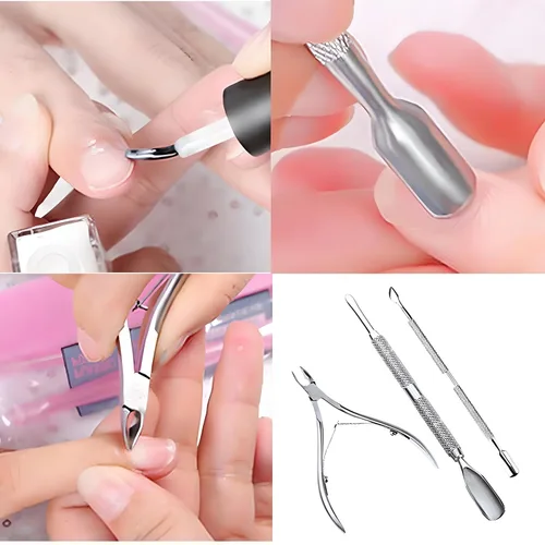 Vista 6 de Set de manicura y pedicura en acero inoxidable con empujador de cutículas, eliminador y herramienta de corte de acero inoxidable. Cortador