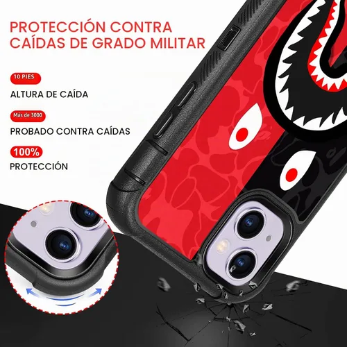 Vista 3 de Funda compatible con iPhone 13 y iPhone 14 de diseño de tiburón negro y rojo de moda urbana para hombres y niños, de 3 capas, resistente a
