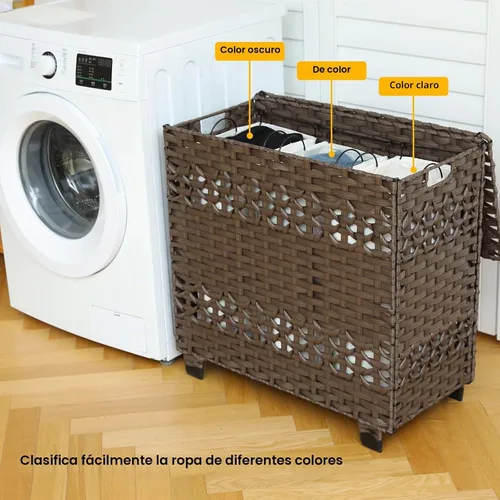 Vista 5 de OIAHOMY Cesta de lavandería con tapa, cesta de ropa de 140 litros con 3 bolsas extraíbles con forro, cesta plegable con tapa, cesta de mimbre Marrón