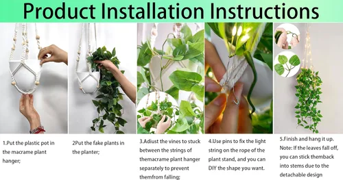 Vista 2 de Paquete de 2 colgadores de macramé para plantas con luces, cesta colgante para macetas de interior con cuentas de madera, soporte para macetas