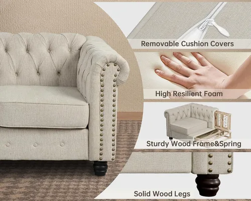 Vista 7 de Morden Fort - Juego de sillas y sofá Chesterfield clásico, con reposabrazos acolchados y patas de madera maciza, sofá cama para mascotas, cómodo