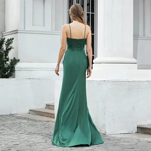 Vista 4 de NGBUY Vestidos formales de satén con abertura lateral para mujer vestido de baile de graduación con tirantes delgados para fiesta de noche