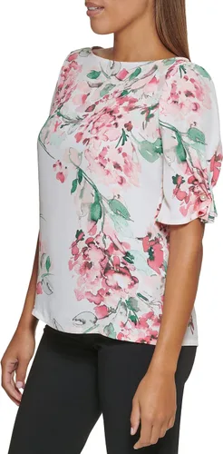 Vista 2 de DKNY Camiseta de manga corta abombada con cuello redondo para mujer