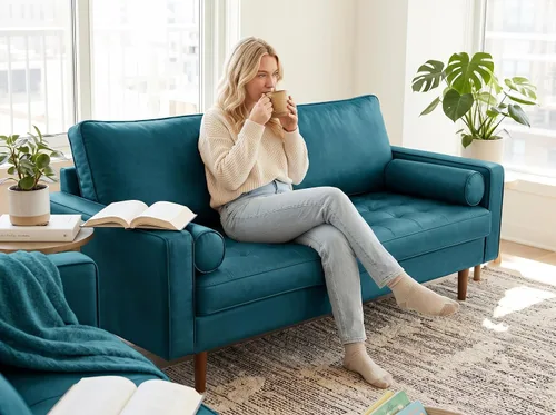 Vista 62 de Container Furniture - Sofá de piel sintética para la sala de estar moderna con cojines extraíbles y patas de madera maciza, sofá estilo lujoso