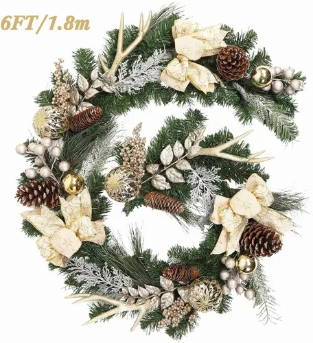 Vista 4 de Guirnalda de Navidad con luces, oro champán de 6 pies, 20 luces LED, guirnalda de Navidad preiluminada con adornos de bolas, cintas, conos de pino