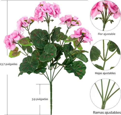 Vista 2 de 4 piezas de plantas falsas para decoración del hogar, flores artificiales, geranios artificiales, flores artificiales para exteriores, ramo de seda