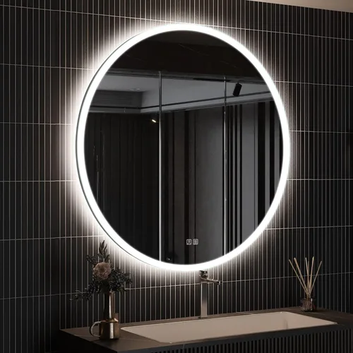 Vista 19 de ROOMTEC Espejo de baño LED redondo de 28 pulgadas con luces, espejo de tocador circular con parte delantera y retroiluminada, marco de aluminio